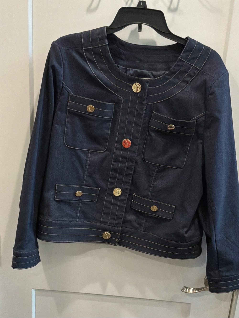 Women's L Cato Blue ButtonFront Jacket Cropped Denim Gold Buttons Pinterest Wave